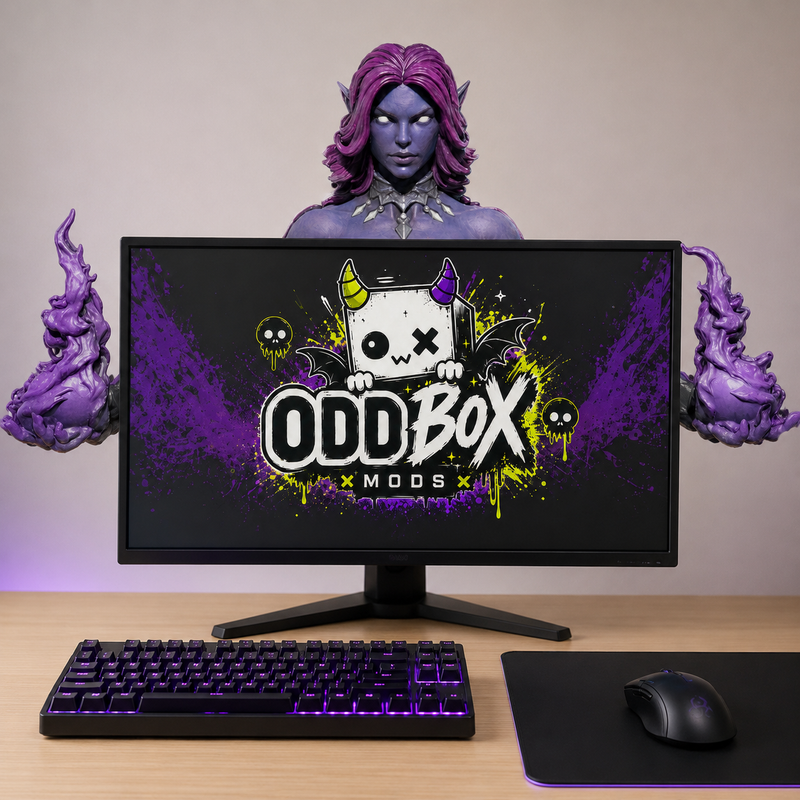 Nightshade Monitor Hugger, a dark sorceress leaning over a gaming monitor with glowing magic