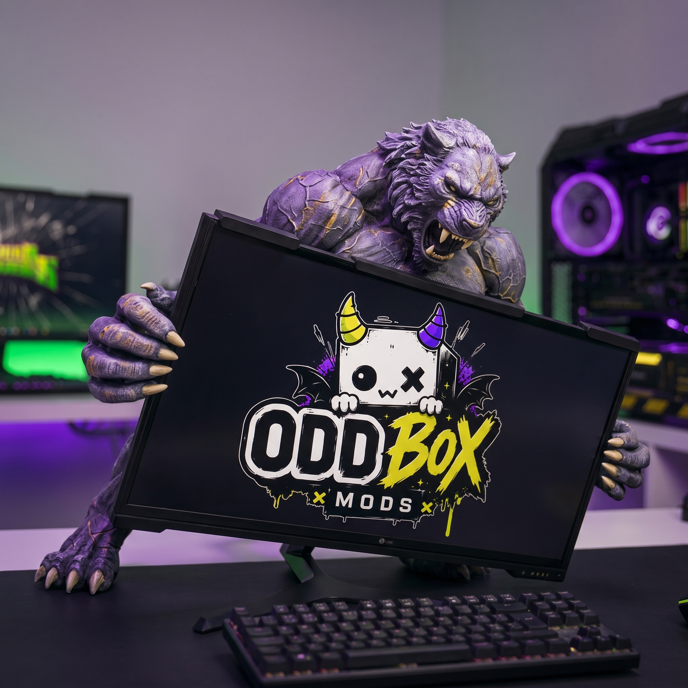 Ripclaw Monitor Hugger, a horned clawed beast perched over a gaming monitor on a clean desk