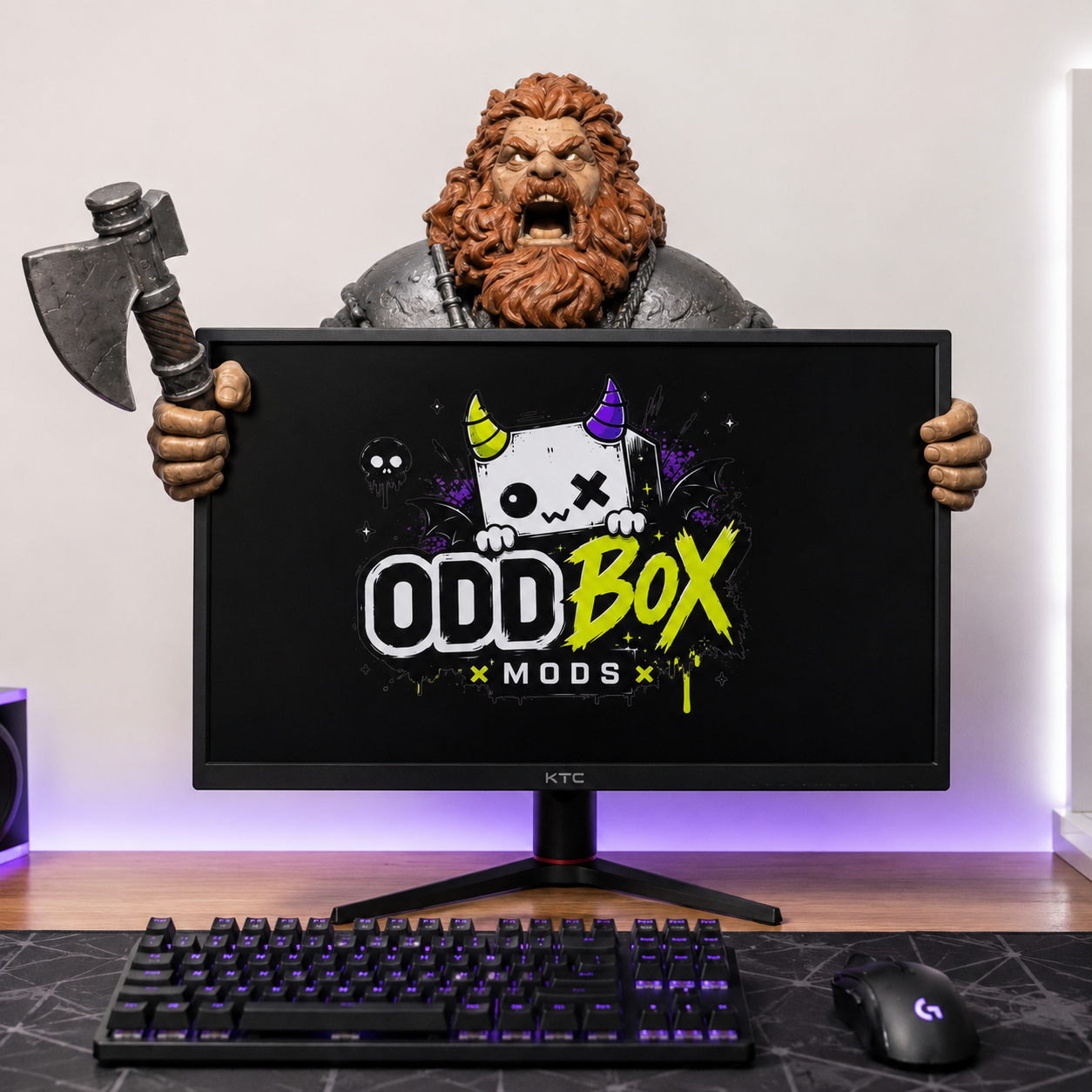 Berserker Monitor Hugger, a fierce warrior figure gripping the top of a gaming monitor