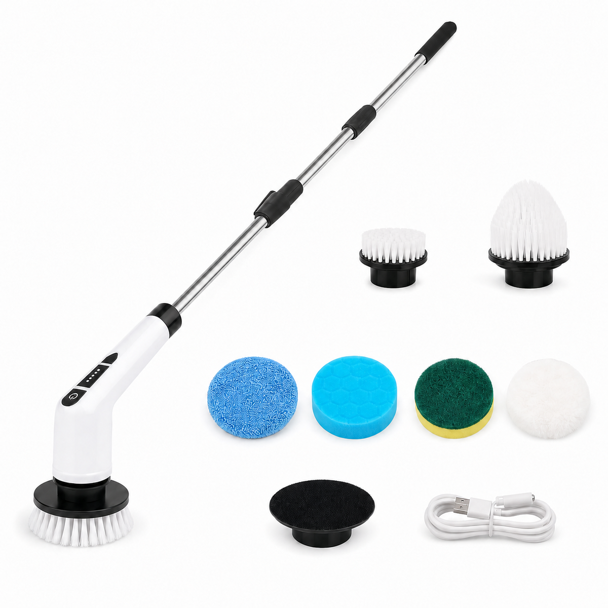 Cordless electric spin scrubber kit on white: handle, telescoping pole, seven cleaning heads, pad holder and charging cable
