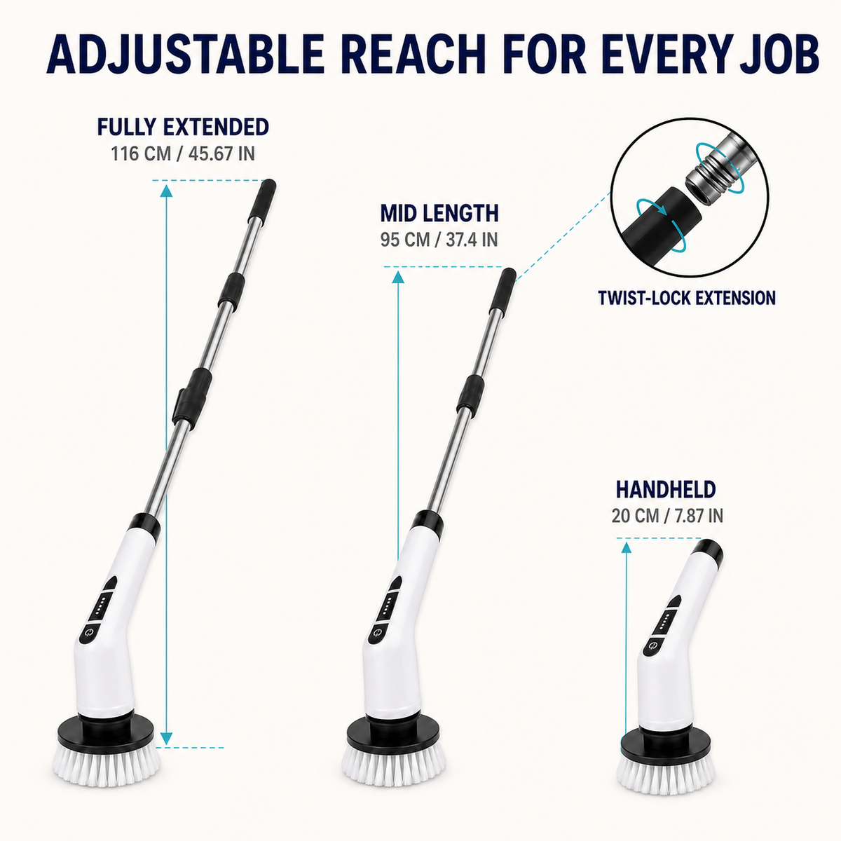 Three pole lengths: 7.87 in handheld, 37.4 in, 45.67 in fully extended