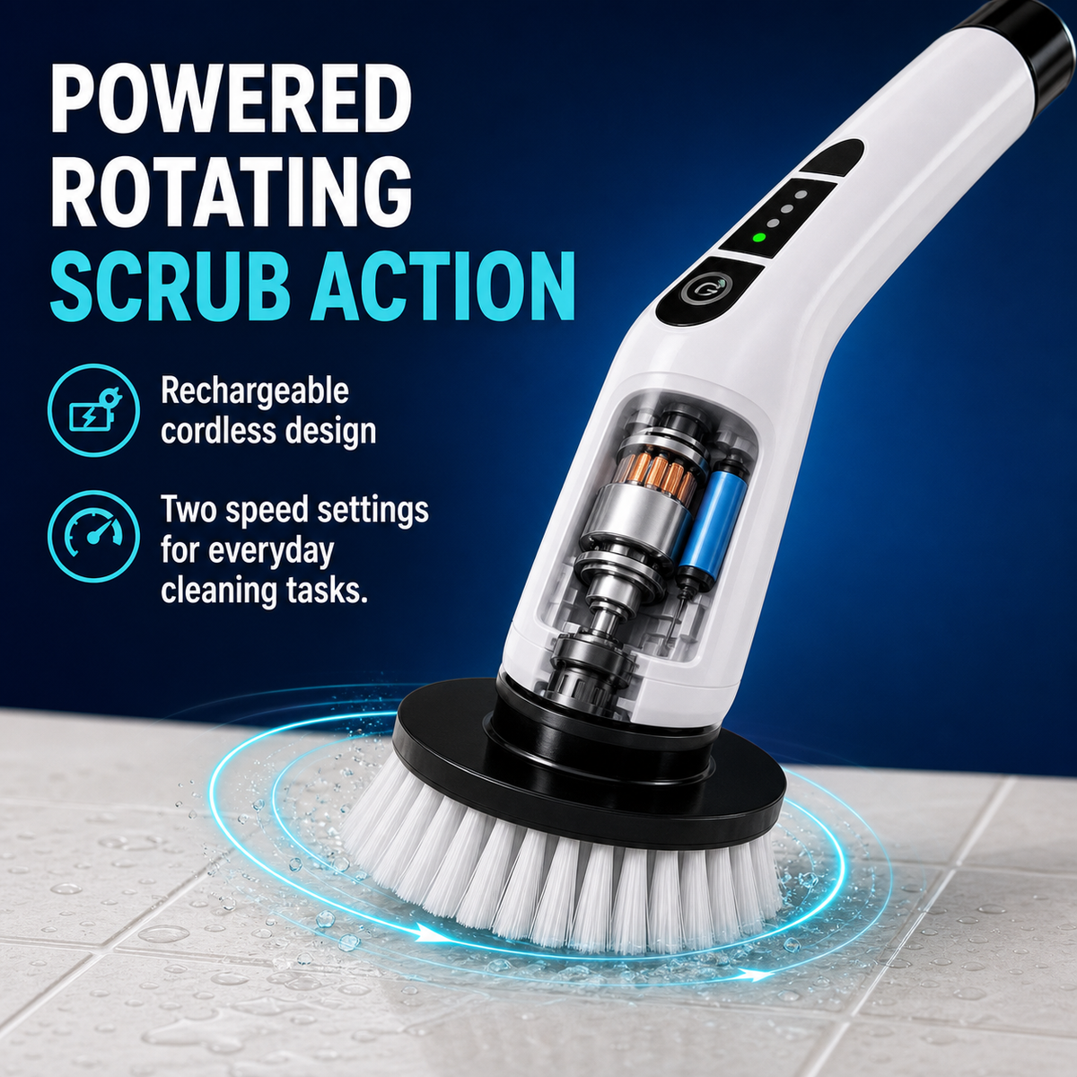 Rechargeable motor spins the head so you guide it instead of scrubbing