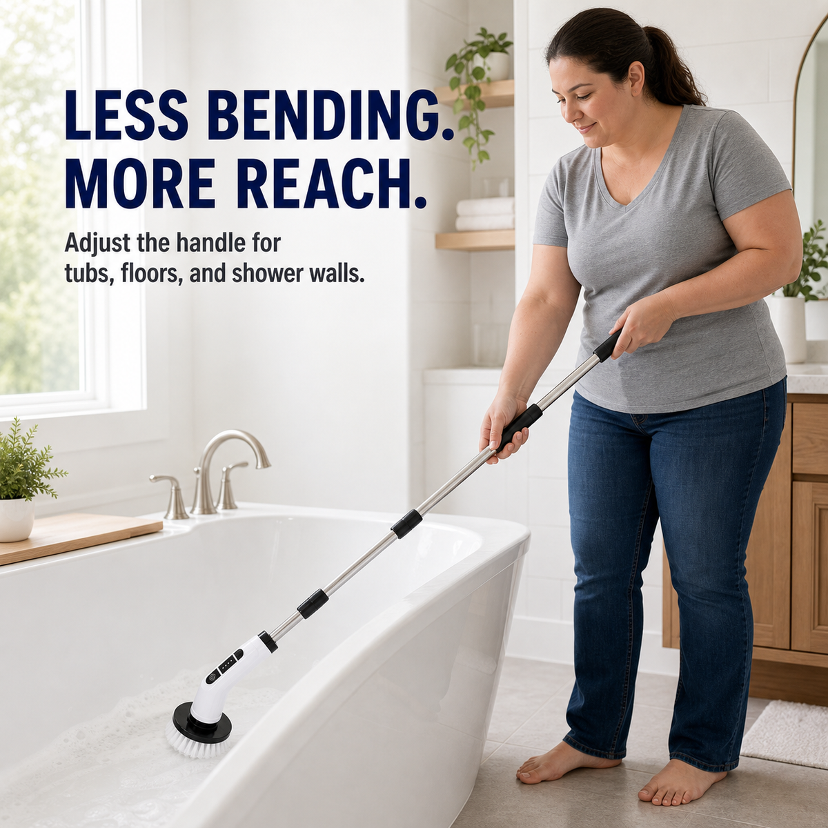 Cleaning the bottom of a bathtub standing up with the pole extended