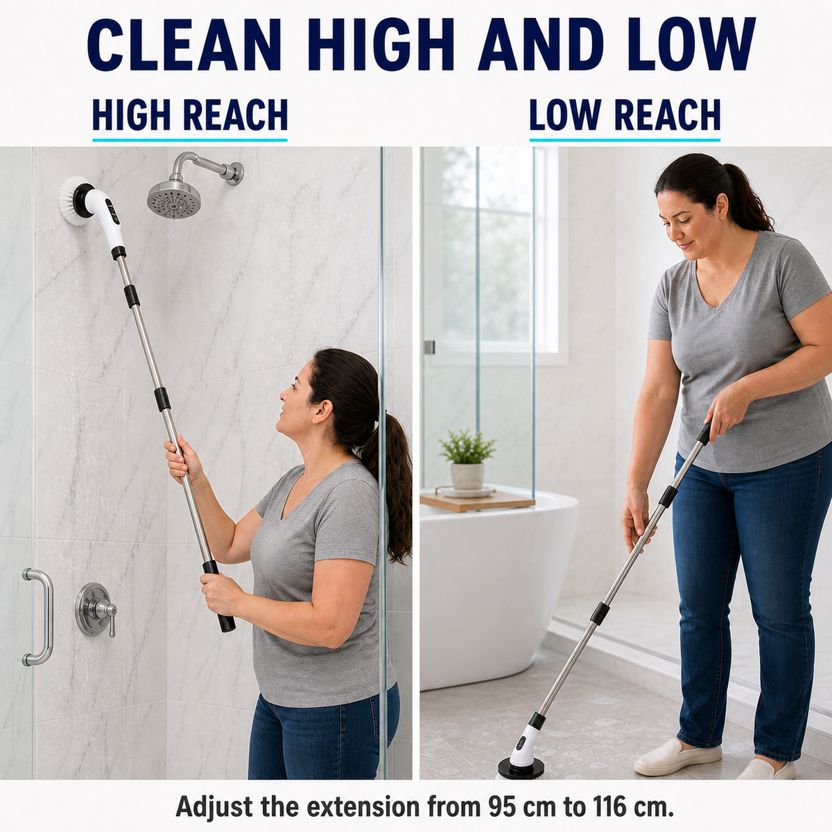 High shower wall and low floor reached from the same standing position