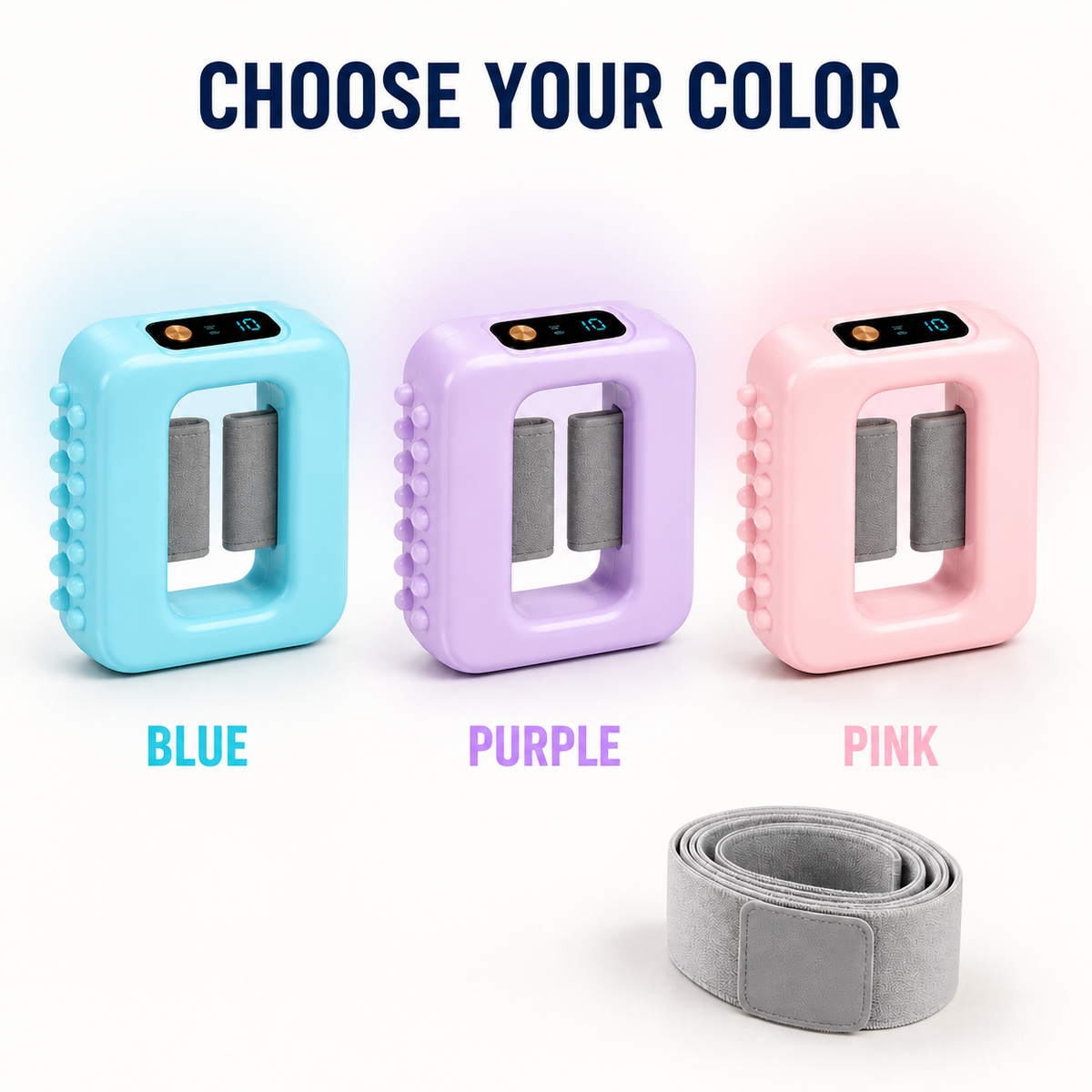 The three colour options, blue, purple and pink, with the grey adjustable belt
