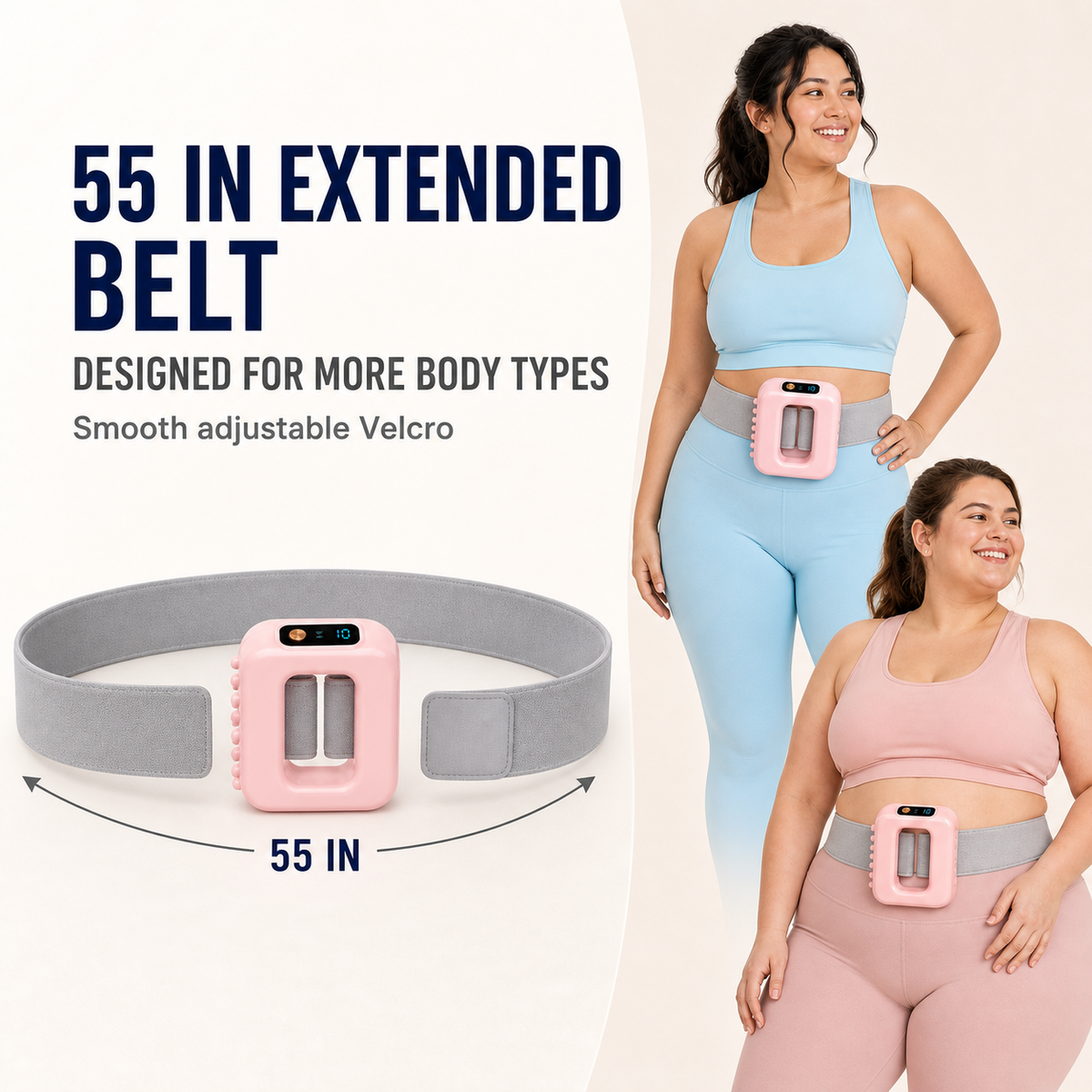 The 55 inch extended belt with adjustable Velcro, shown on two body types