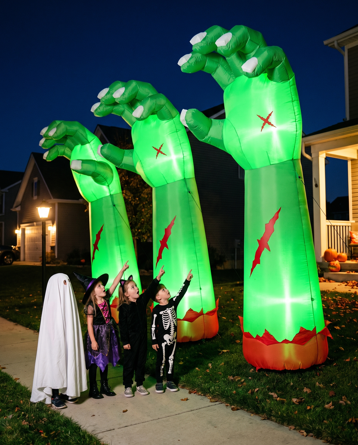 Trick or treaters in costume looking up at giant glowing green inflatable zombie arms towering over them