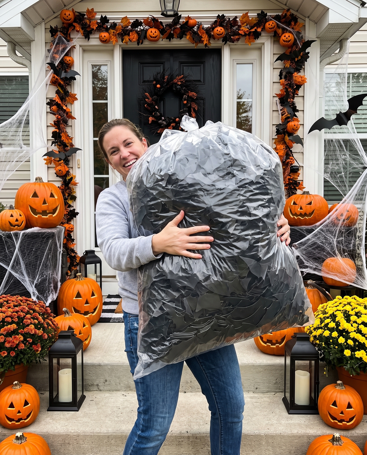 Woman on a Halloween decorated porch holding a huge clear bag packed full of black bat wall decals