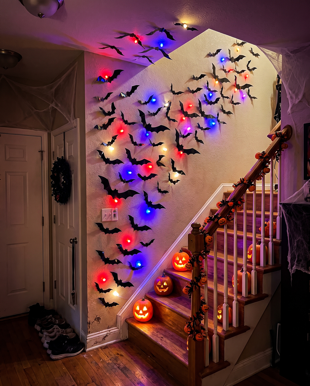Staircase wall covered in black 3D bats with red, blue and purple LED bulbs glowing through them, garland and lit jack-o-lanterns on the stairs