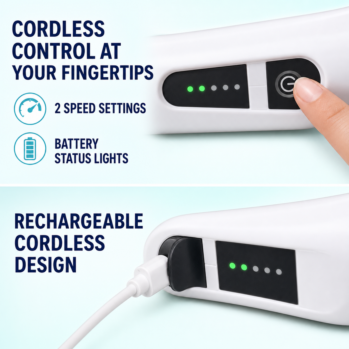 Power button, five battery indicator lights and the charging port