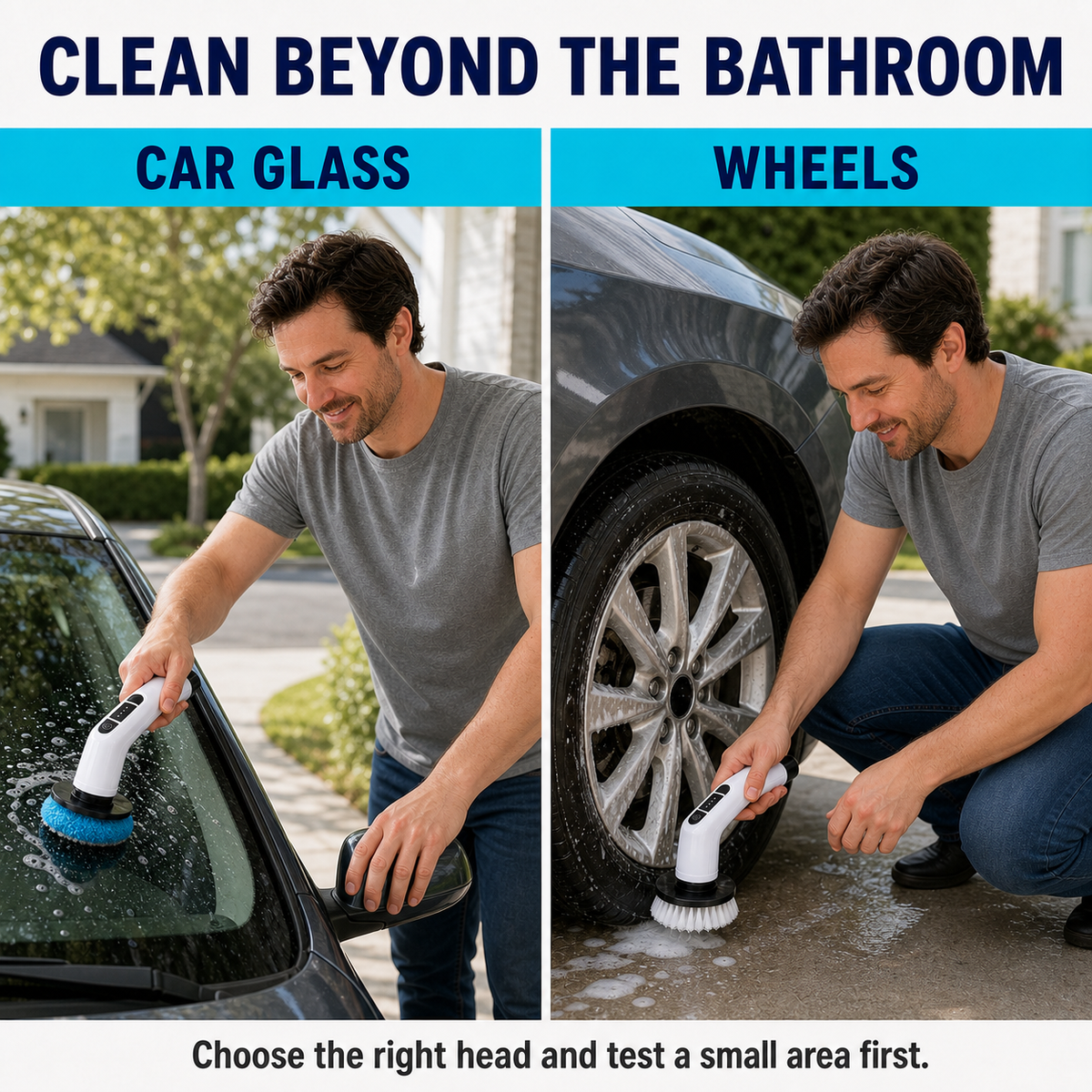 Car glass and wheels, with a reminder to test a small area first