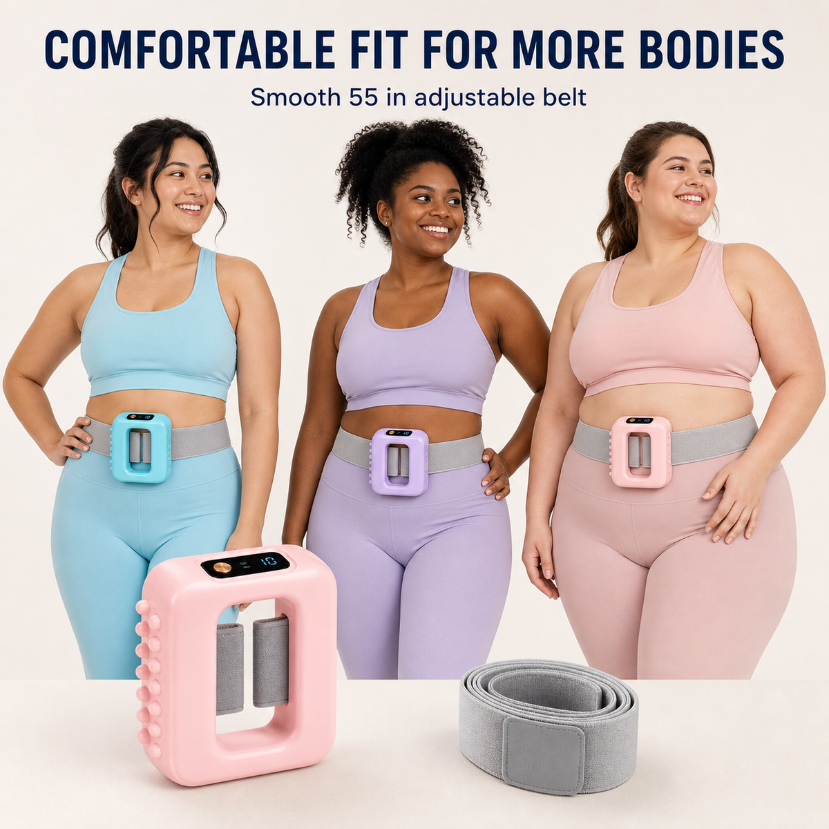 Three women of different body types each wearing the massager on the adjustable belt, in blue, purple and pink